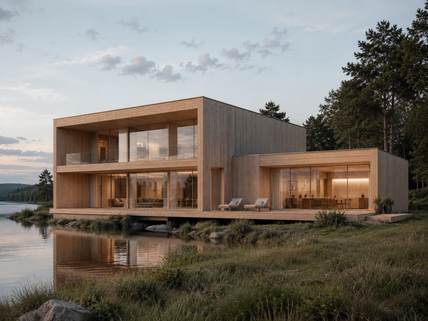 Moderne træhus ved sø