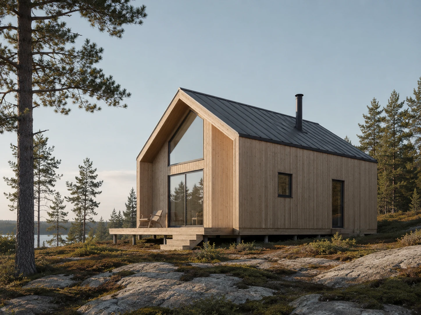 Moderne træhytte i klippelandskab