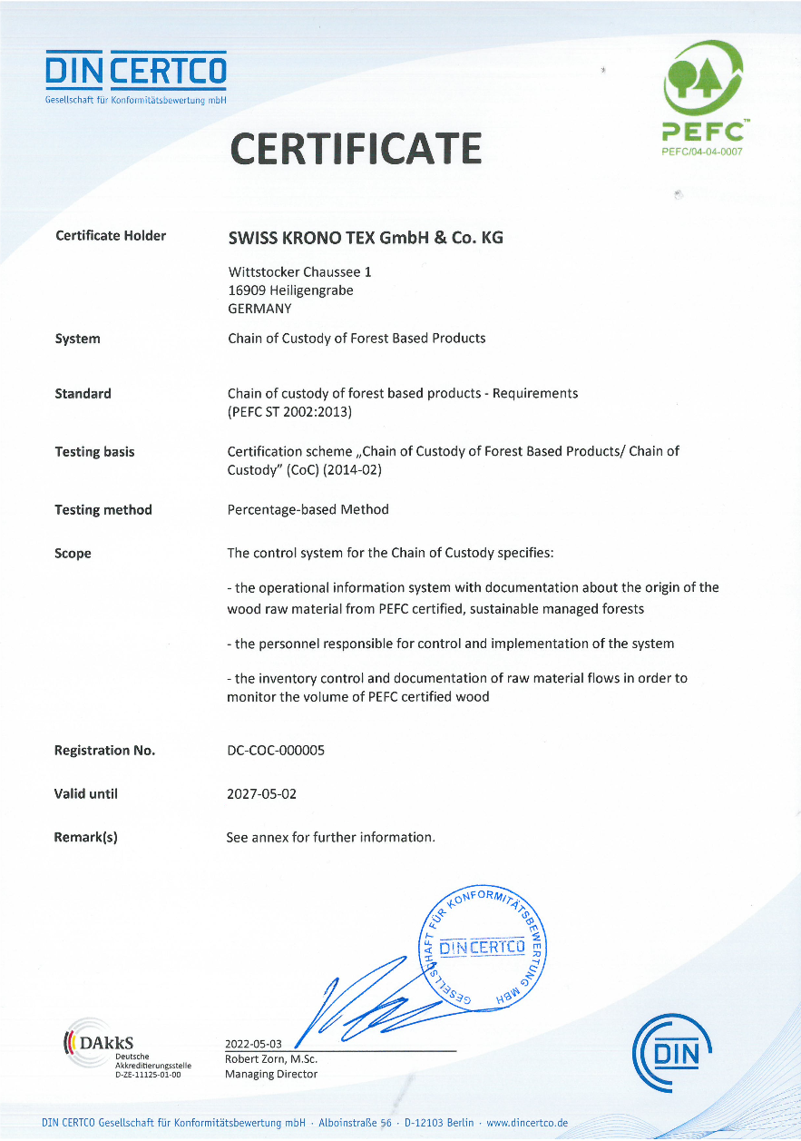 PEFC certificate Swiss Kronotex